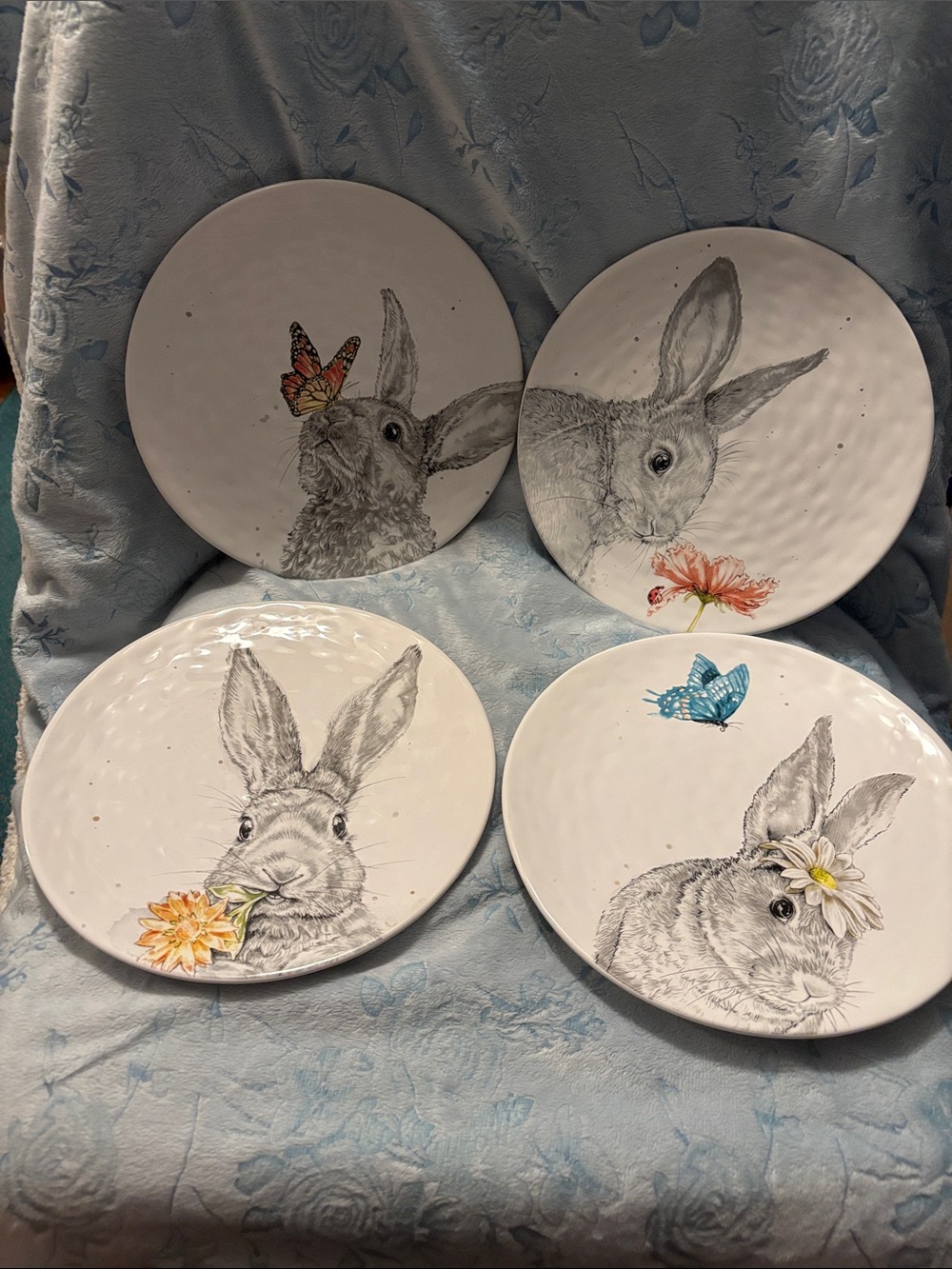 Pier 1 Spring Bunny Ceramic Plates- White with Multicolor Accents Seat of 4